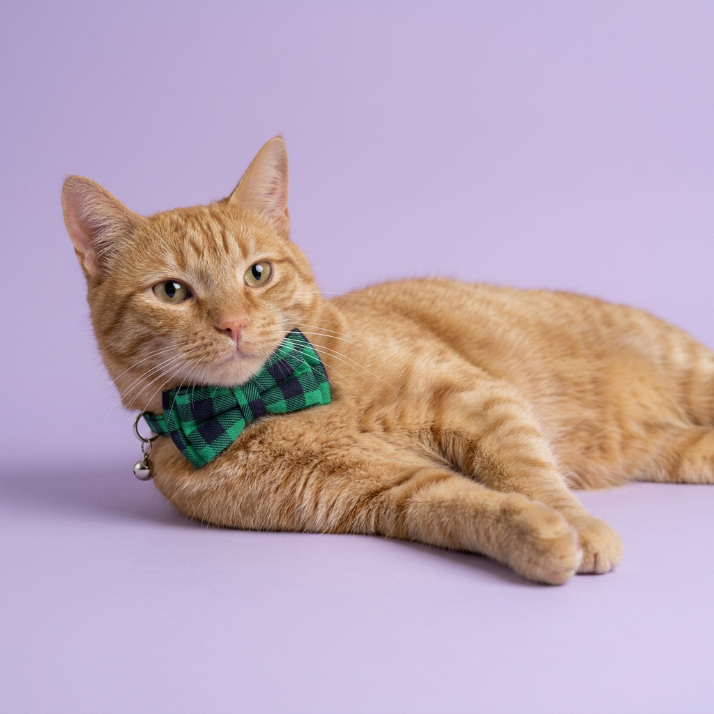 Floor-level ginger tabby reclining with crossed paws