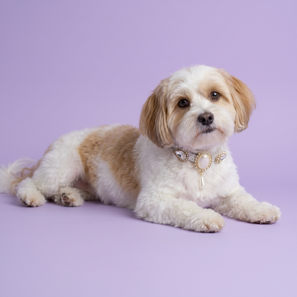 Floor-level Havanese resting on its side with a gentle head tilt