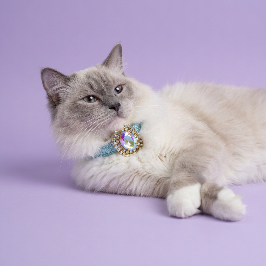 Floor-level Ragdoll reclining with crossed paws