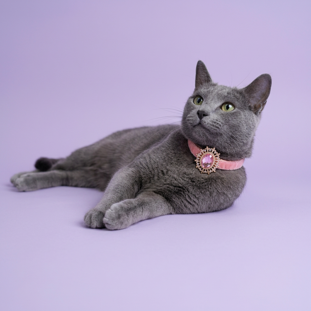 Floor-level Russian Blue resting with crossed paws