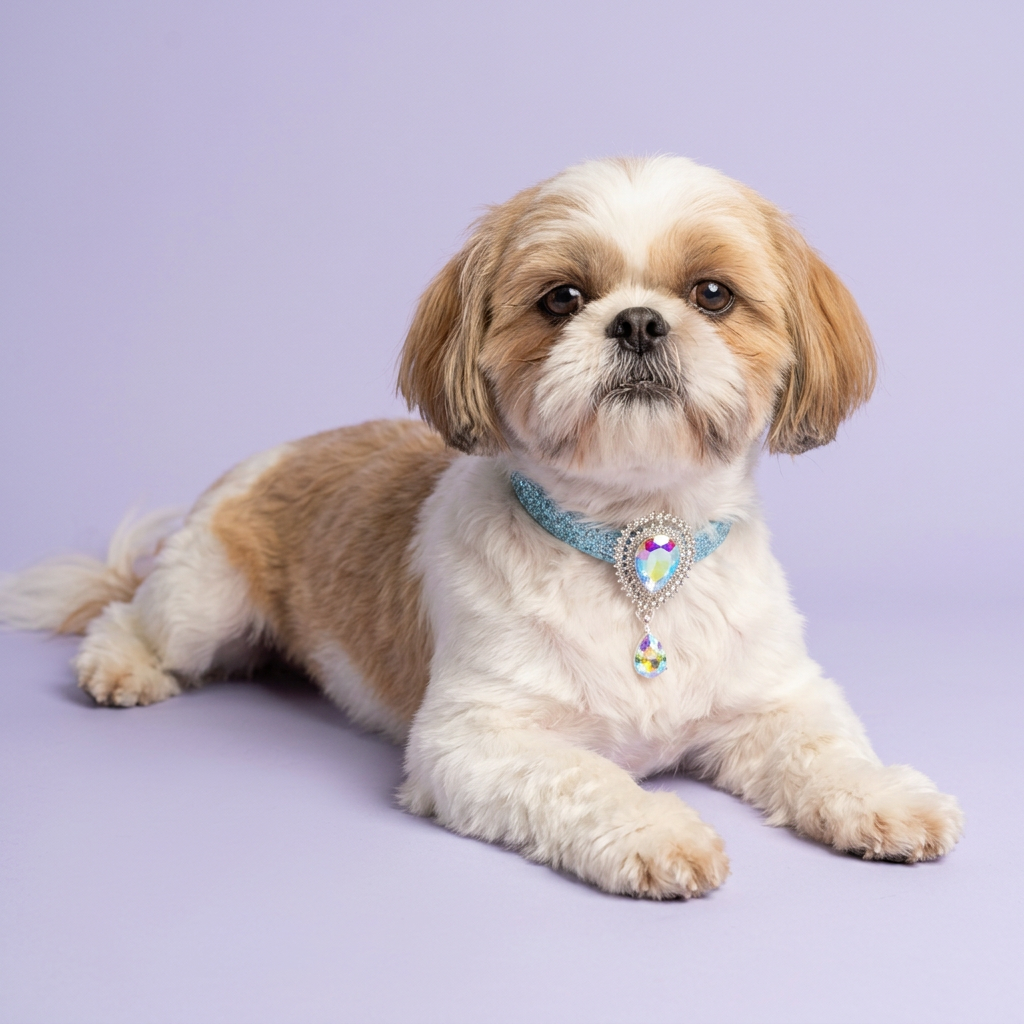 Floor-level Shih Tzu resting with its head raised