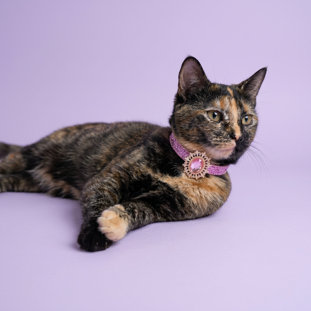 Floor-level tortoiseshell cat resting with crossed paws