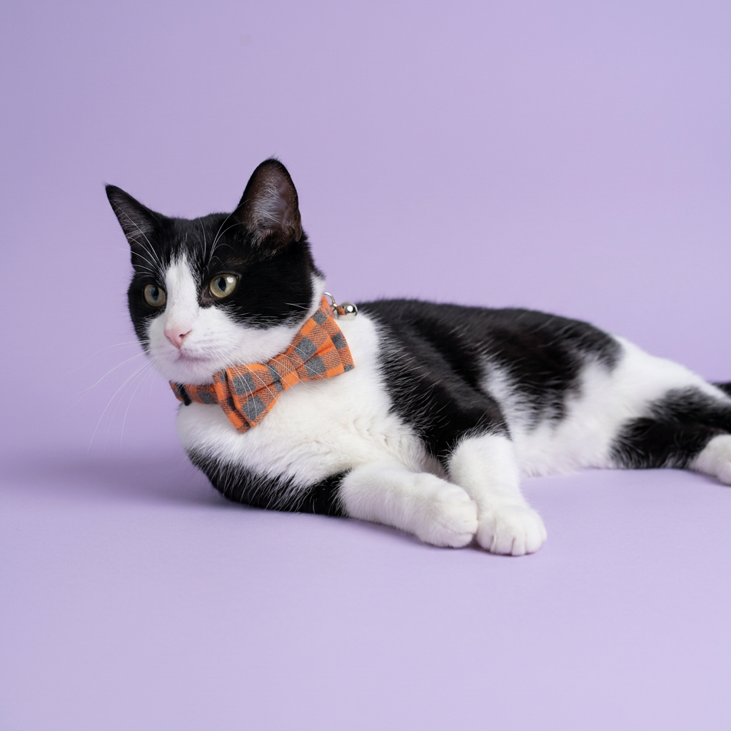 Floor-level tuxedo cat resting with crossed paws