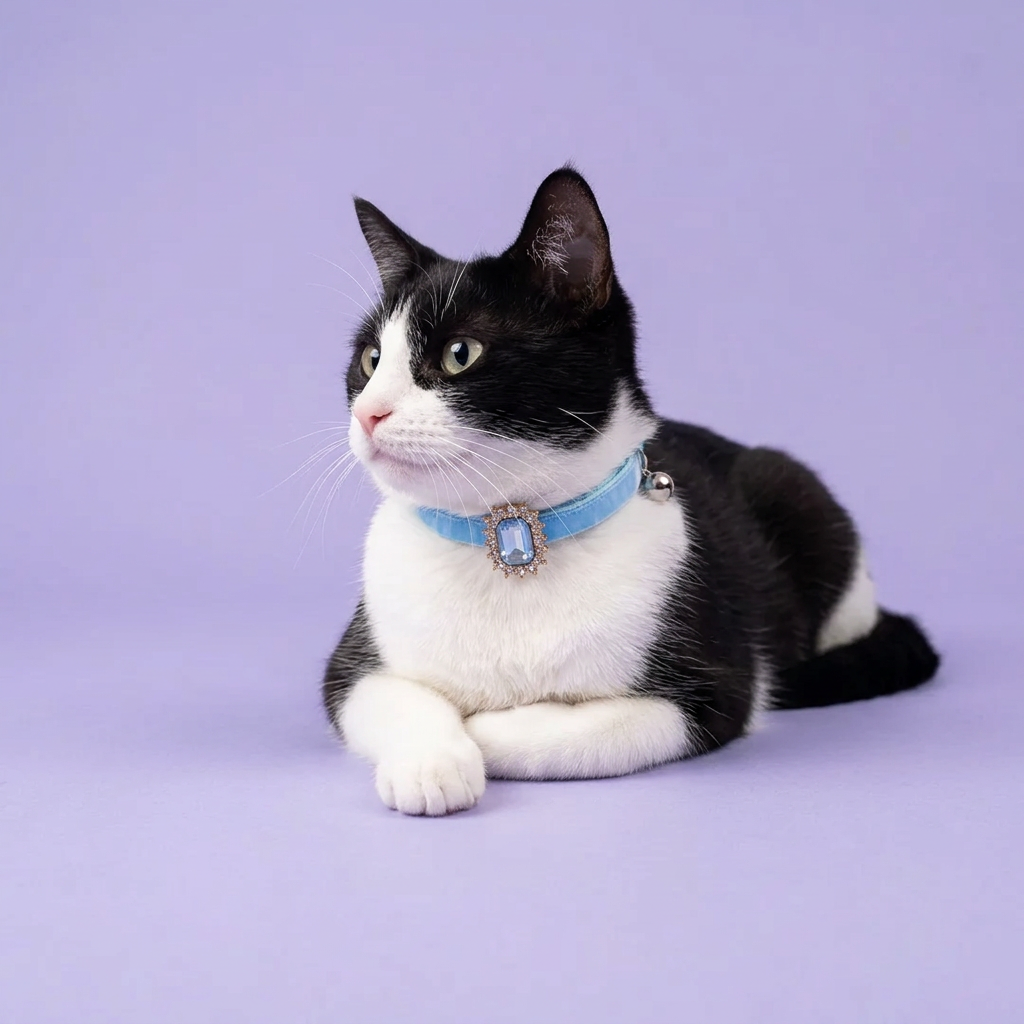 Floor-level tuxedo cat resting with crossed paws