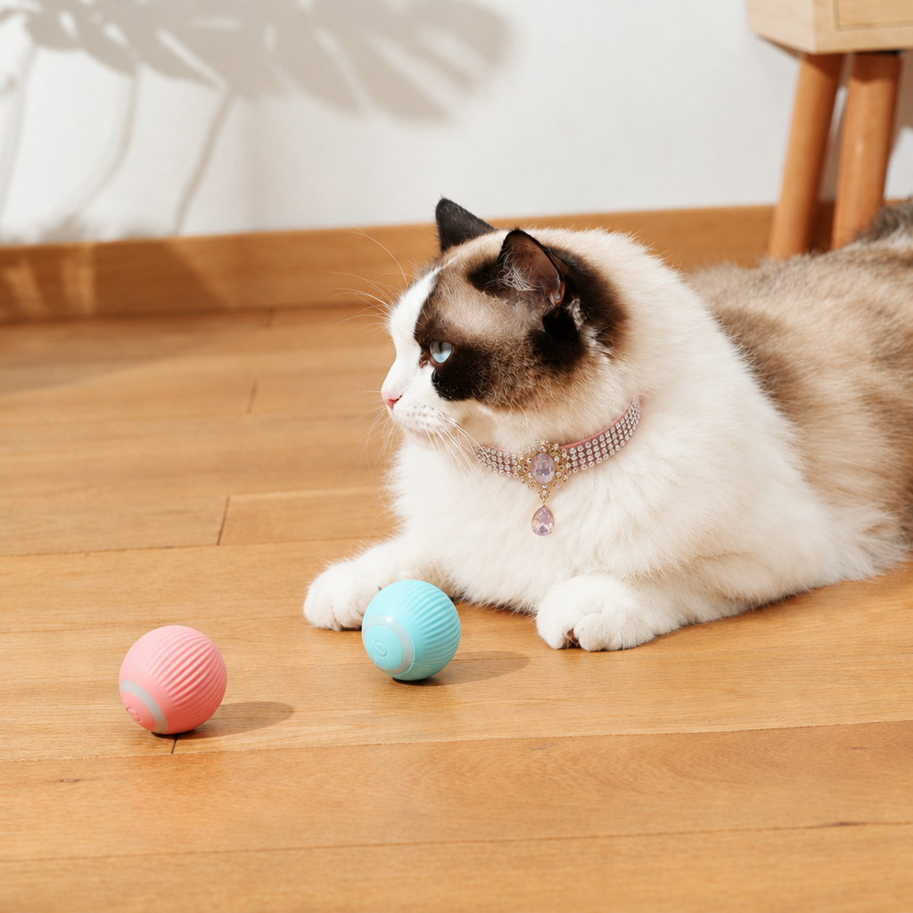 Fluffy cat wearing a pink jeweled pendant collar beside pink and aqua toy balls