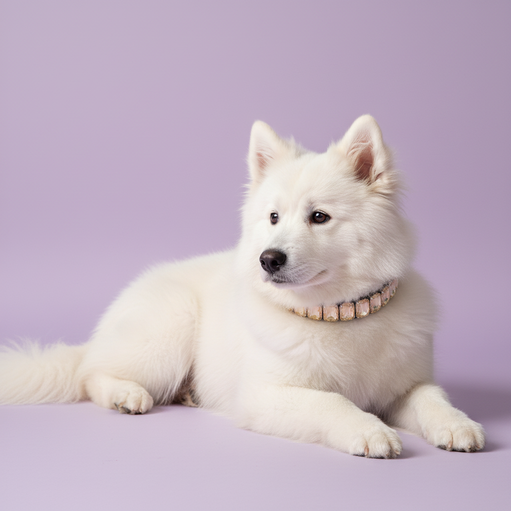 Fluffy white dog lying down and wearing a champagne crystal rhinestone collar against a soft lavender studio background.