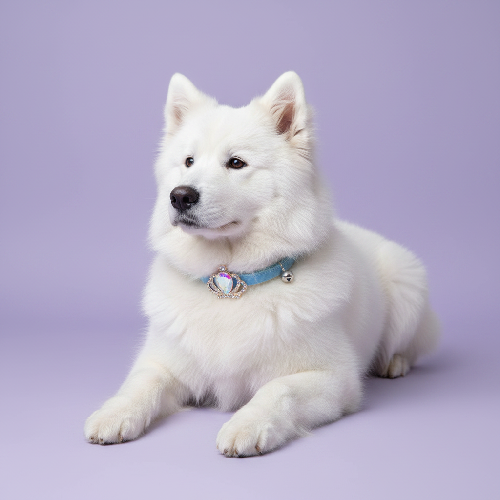 Samoyed lying in a loaf pose and gazing to the side wearing a light blue velvet dog collar with a silver crown and iridescent aurora crystal pendant
