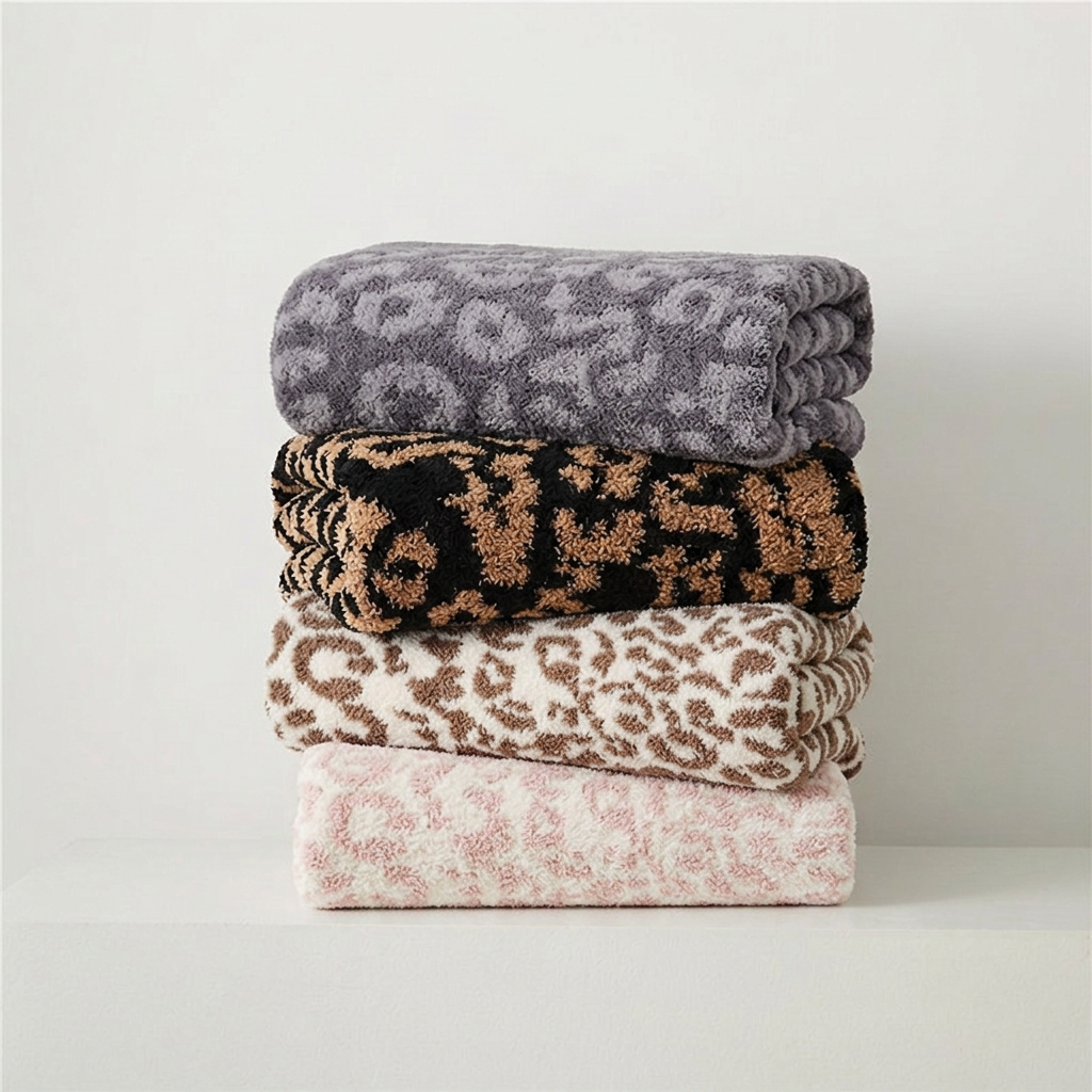 Folded stack with the four reference leopard blankets