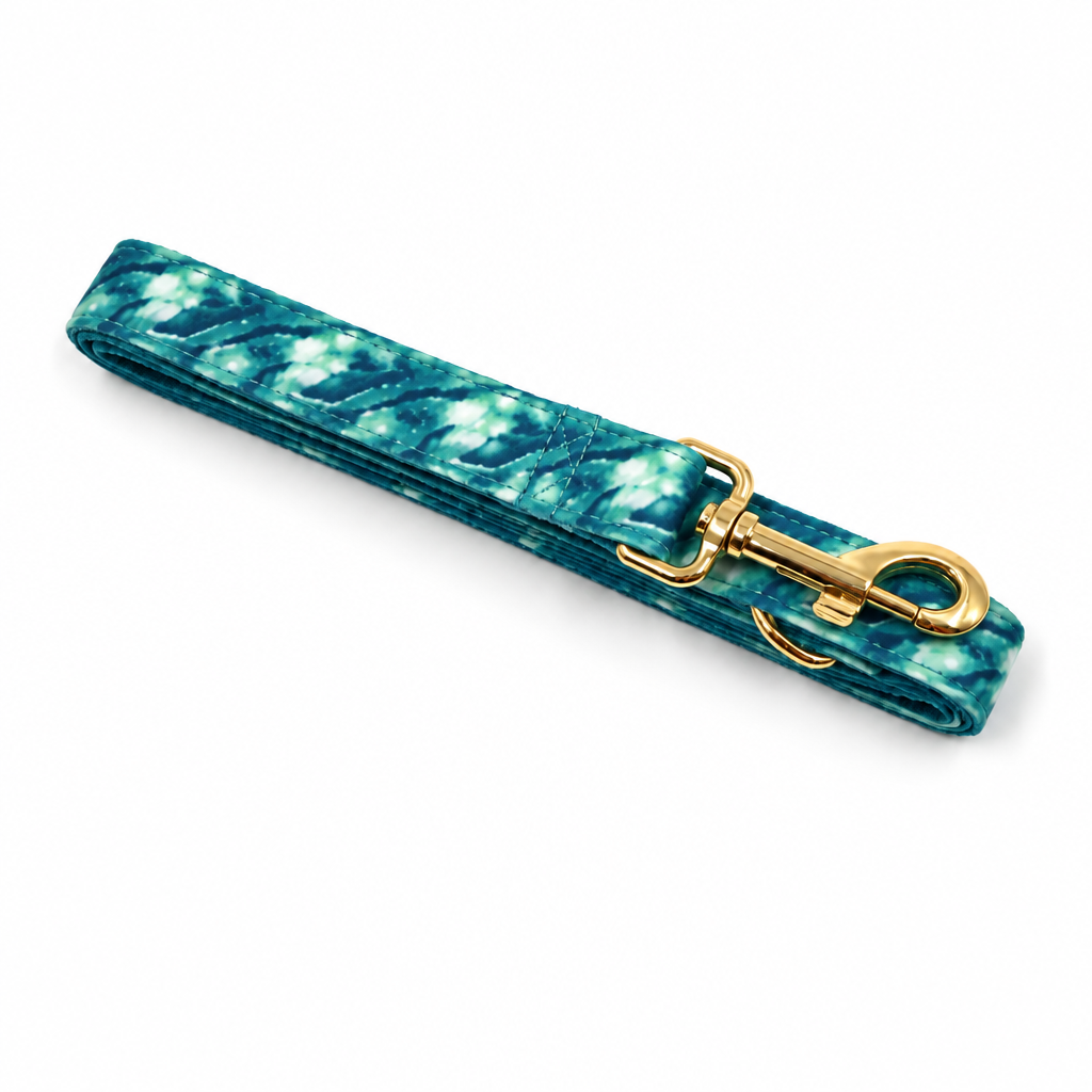Folded teal marbled leash with gold hardware