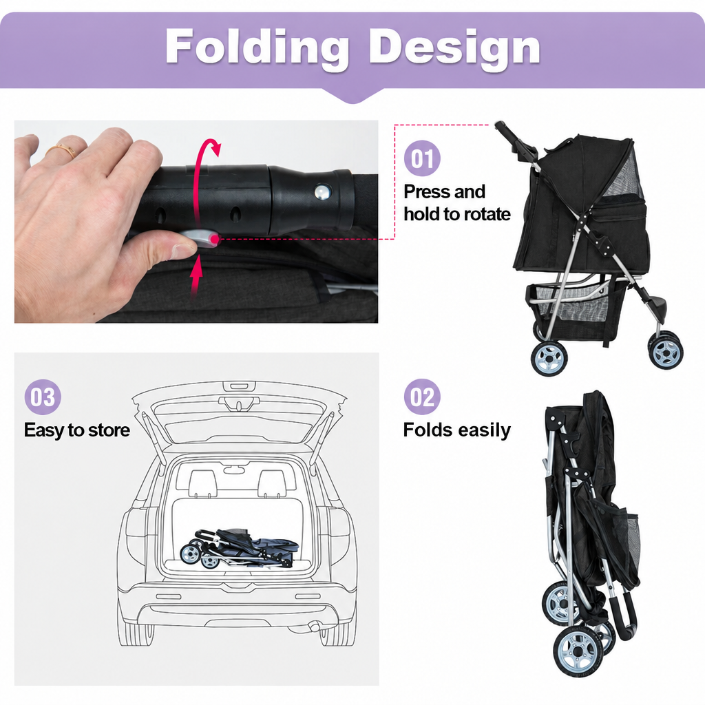 Folding design graphic with lavender header and badges