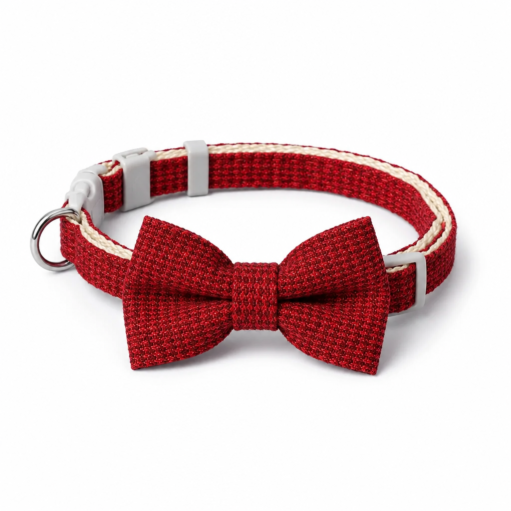 Forward-facing deep red bow-tie collar