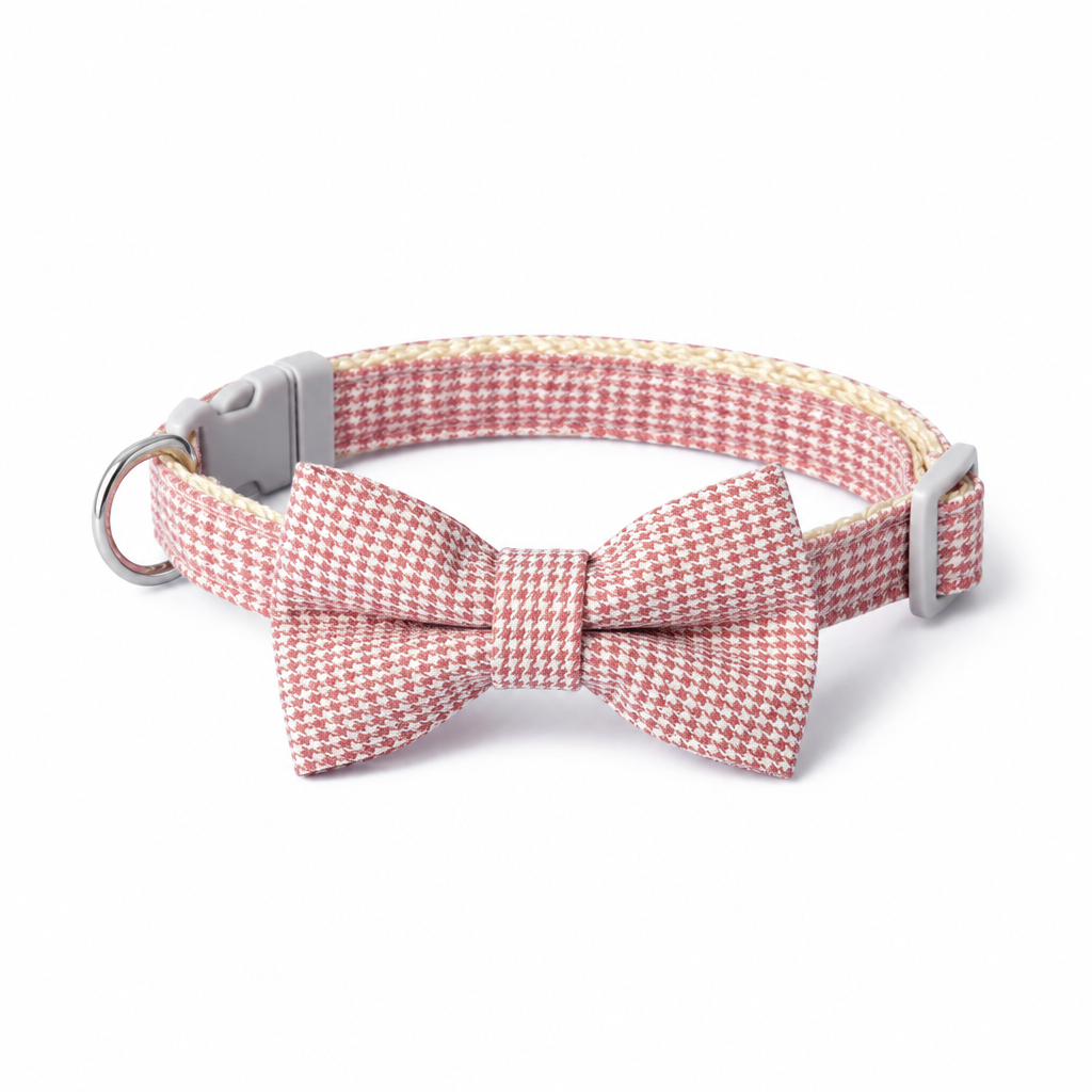 Forward-facing dusty pink bow-tie collar