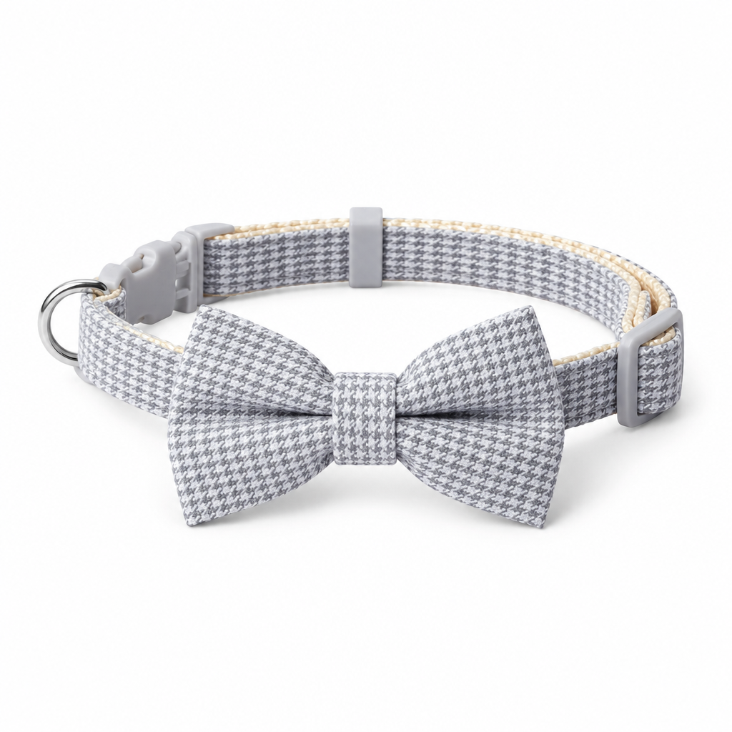 Forward-facing light gray bow-tie collar