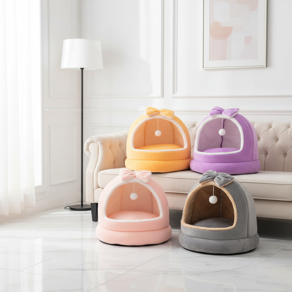 Four plush hooded cave cat beds in orange, purple, pink, and grey arranged in a bright luxury interior setting with cream velvet sofa, light marble floors, white walls, and soft natural window light