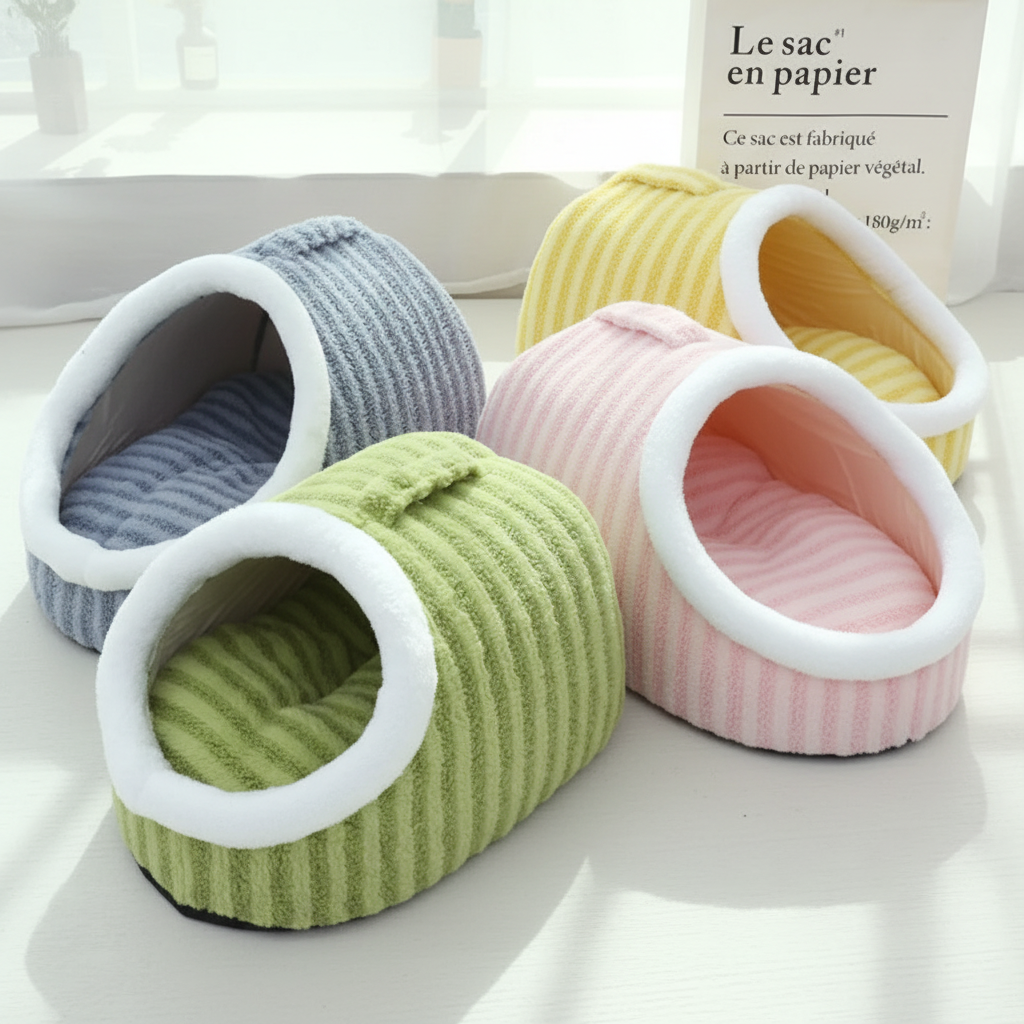 Four fleece cave pet beds with white fleece-lined oval openings displayed together in sage green, grey, blush pink, and butter yellow colorways, in a bright minimal setting.