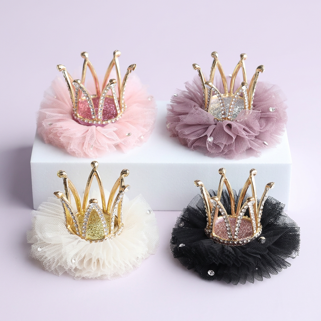 Four crown hair clips arranged on a white tiered display against a light lavender background