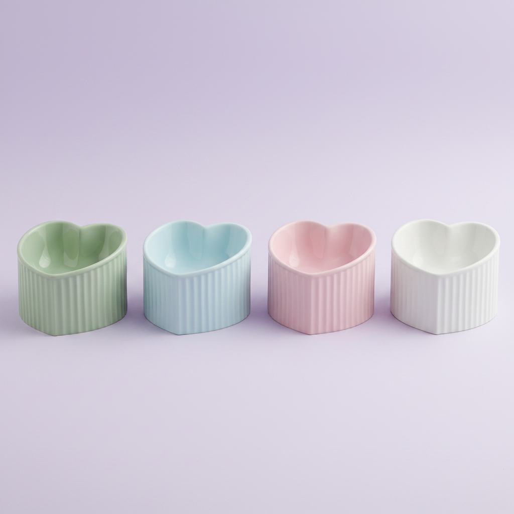 Four ceramic heart-shaped pet bowls with ribbed exteriors in sage green, light blue, pink, and white arranged in a row, lavender background
