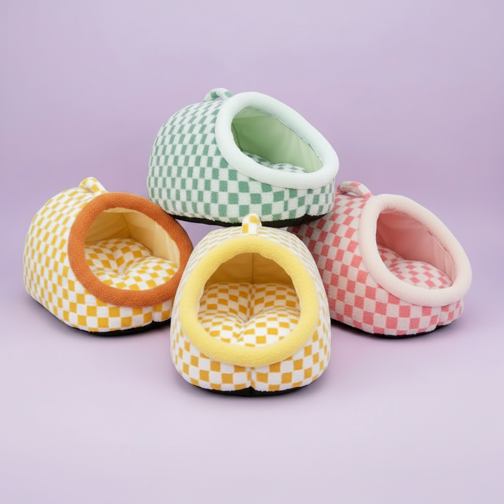 Four checkered plush pet igloo cave beds grouped together in yellow with orange rim, mustard yellow, sage green, and pink colorways on a soft lavender background