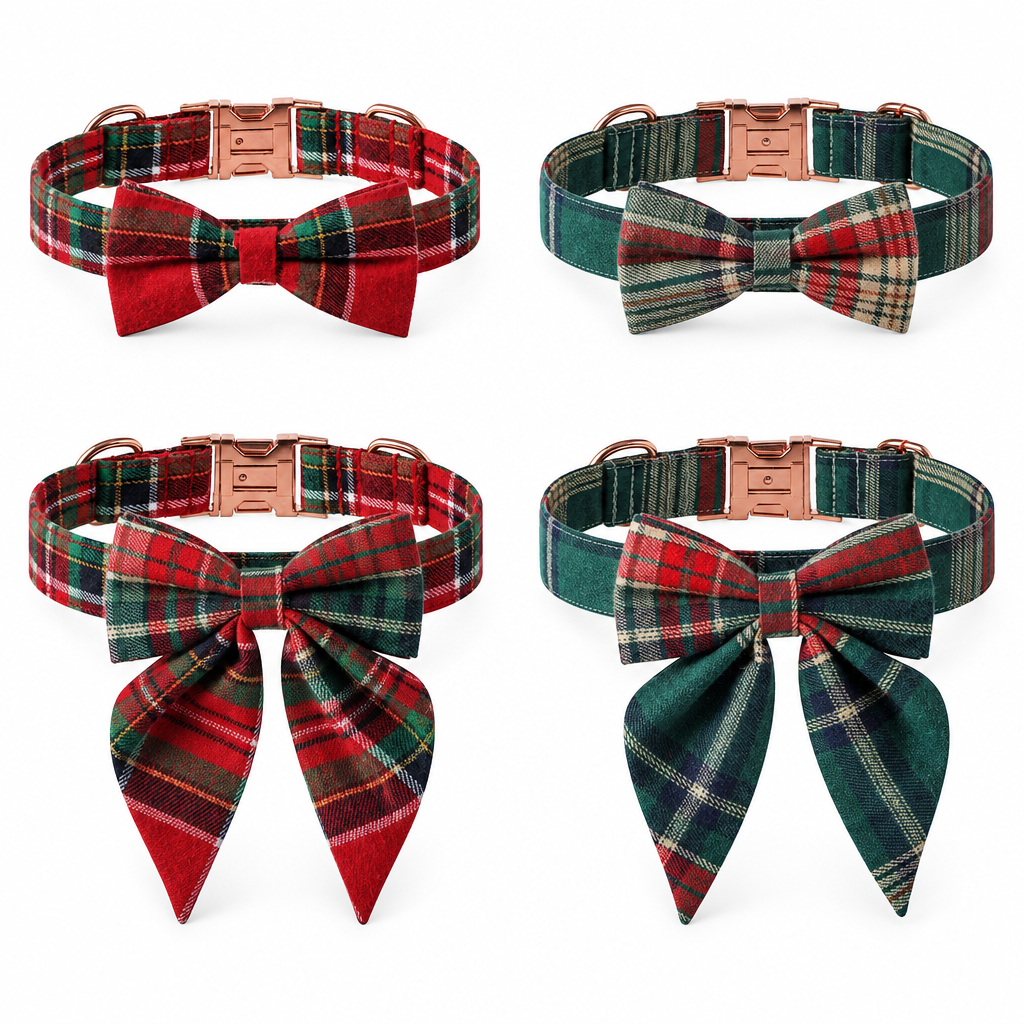 Four plaid bow collars together