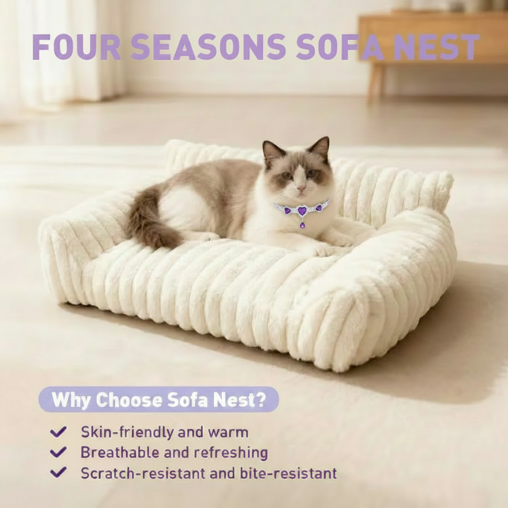 Four Seasons Sofa Nest promotional graphic featuring a Ragdoll cat wearing a silver and purple heart crystal collar lounging on a cream ribbed channel-tufted plush pet sofa bed, with text reading Why Choose Sofa Nest — Skin-friendly and warm, Breathable and refreshing, Scratch-resistant and bite-resistant