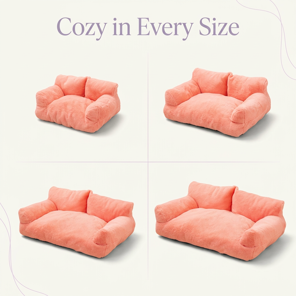Four-size pet couch comparison with lavender styling