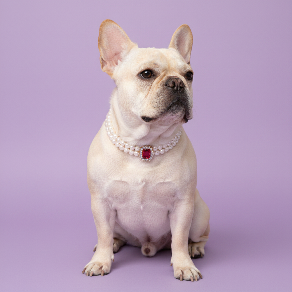 Cream French Bulldog sitting and looking to the side while wearing a double pearl collar with a red gemstone pendant against a lavender background