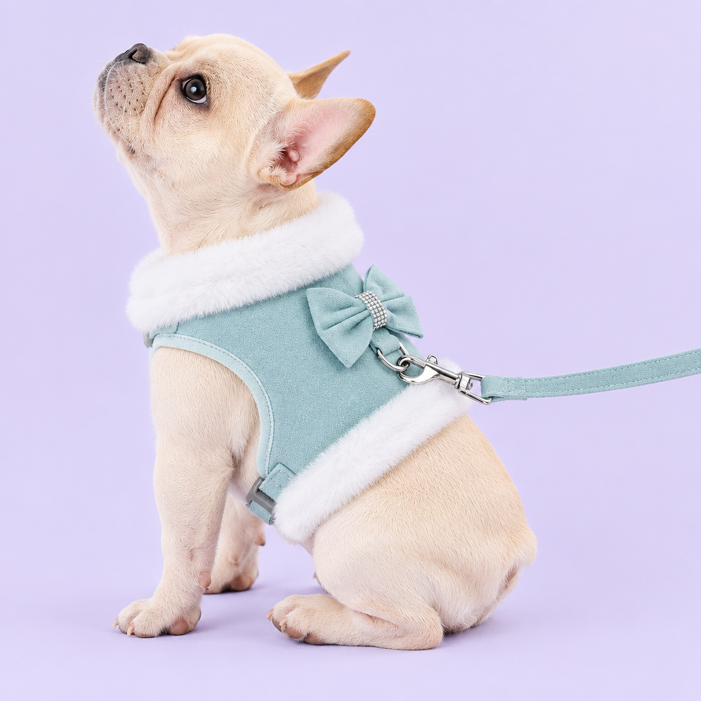 French bulldog in aqua harness from the side