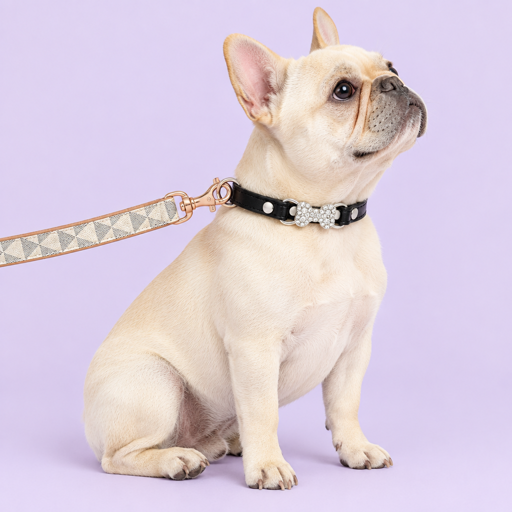 French bulldog in black bone collar