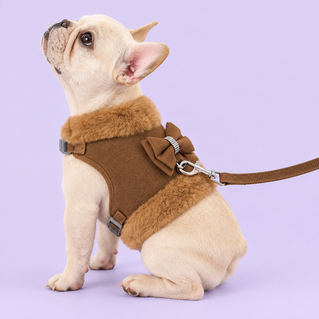 French bulldog in brown harness