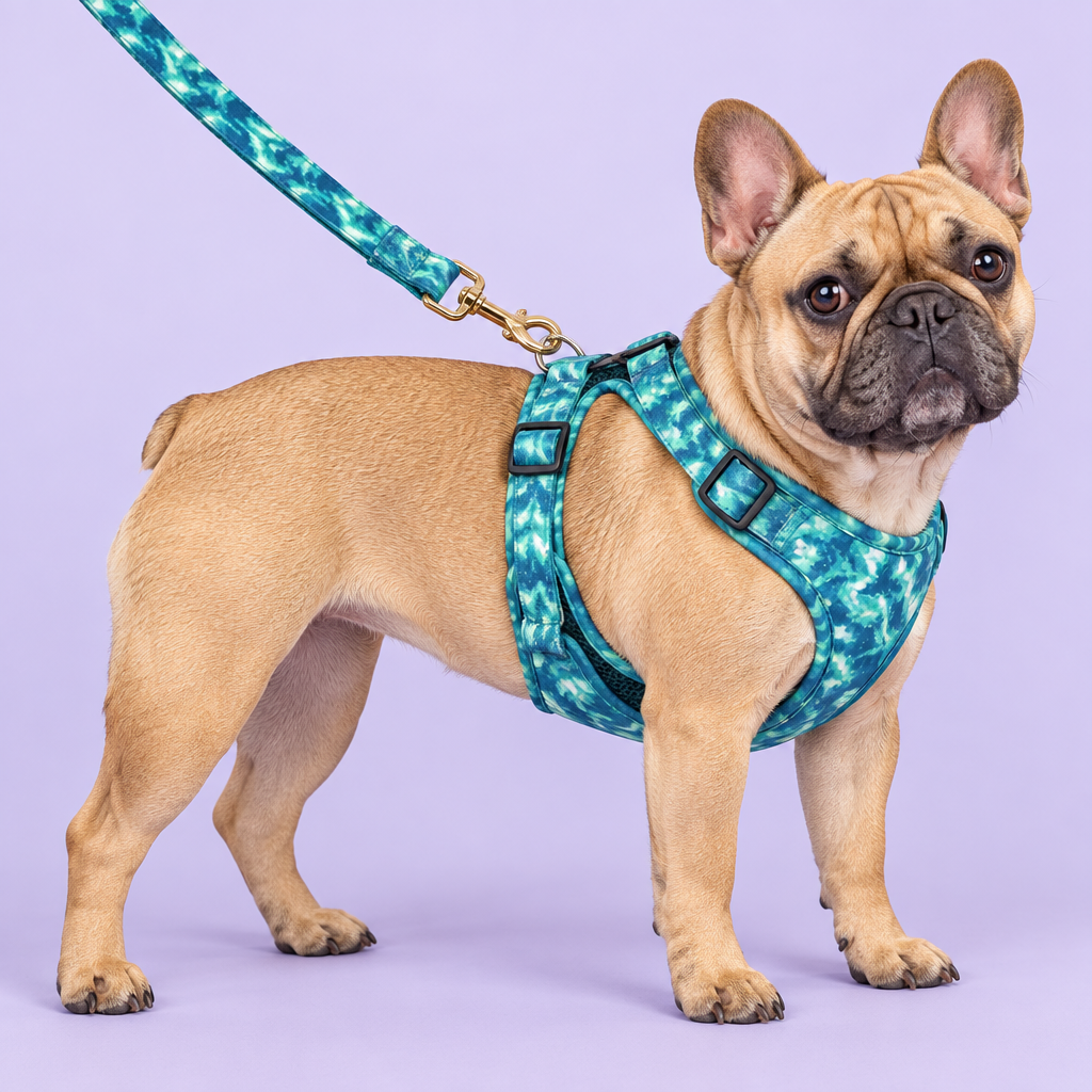 French bulldog in the blue-green harness and matching leash