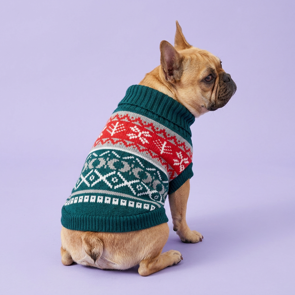 French bulldog in the green red and grey sweater
