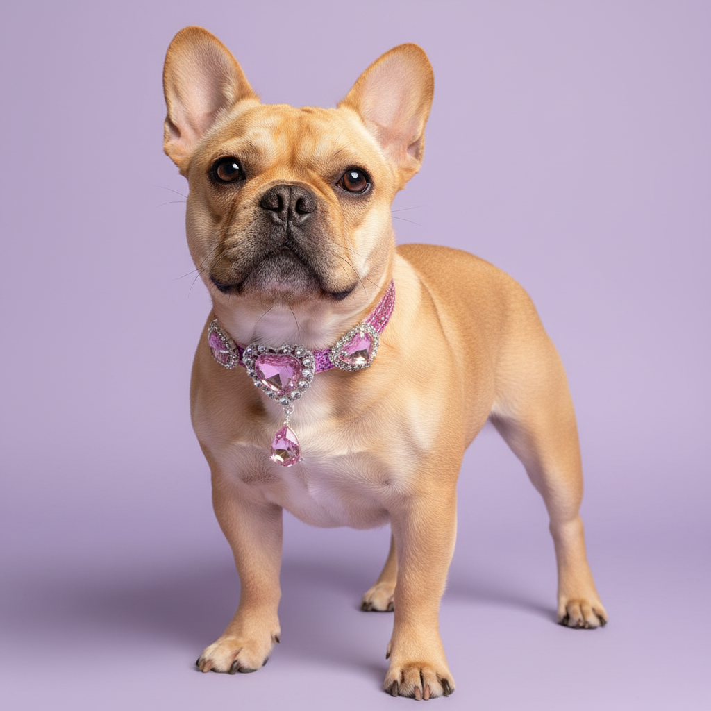 French Bulldog in the light pink heart pendant collar
