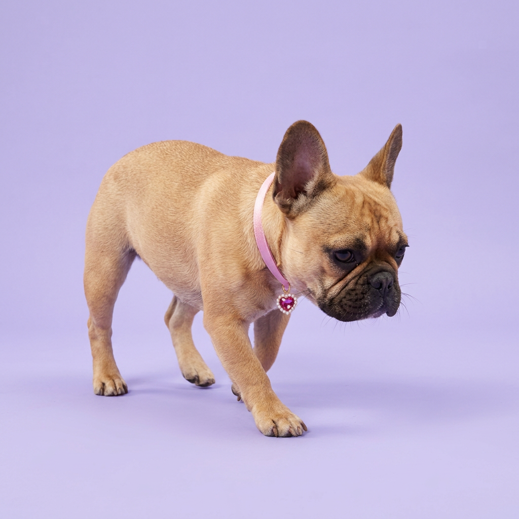 French Bulldog mid gentle step looking down, wearing the pink satin heart-charm collar