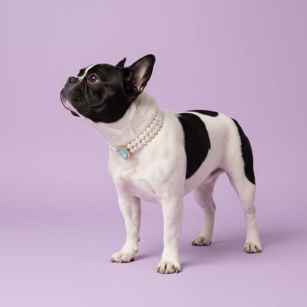 Black and white French Bulldog standing and wearing a double pearl collar with a teal gemstone pendant against a lavender background
