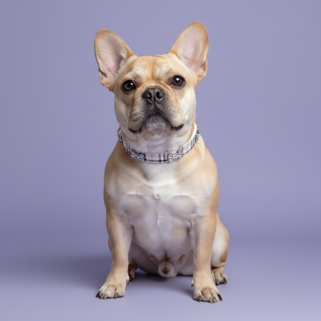 Fawn French Bulldog sitting and gazing upward wearing a grey plaid rhinestone dog collar