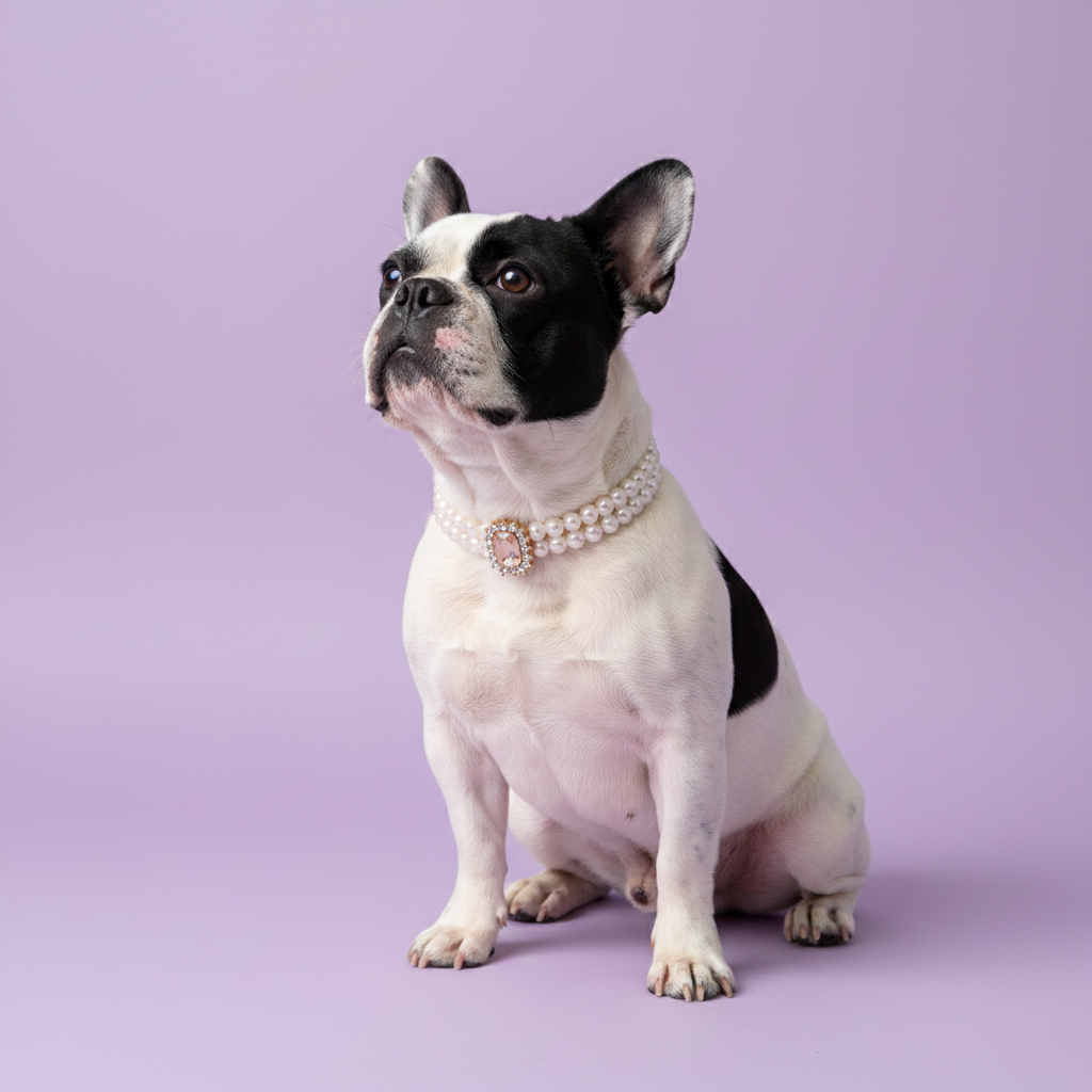 French Bulldog wearing luxury double-strand pearl dog collar with pink crystal centerpiece on lavender background