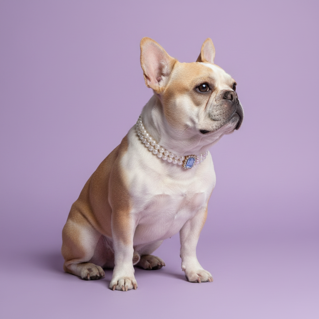 French Bulldog sitting and wearing a pearl collar with a lavender gemstone pendant against a lavender background