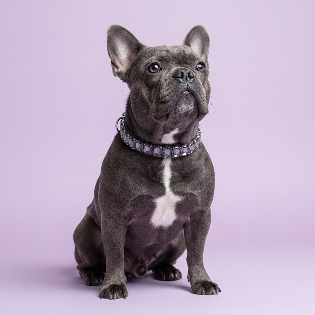Dark grey French Bulldog sitting and wearing a clear crystal rhinestone collar against a soft lavender studio background.