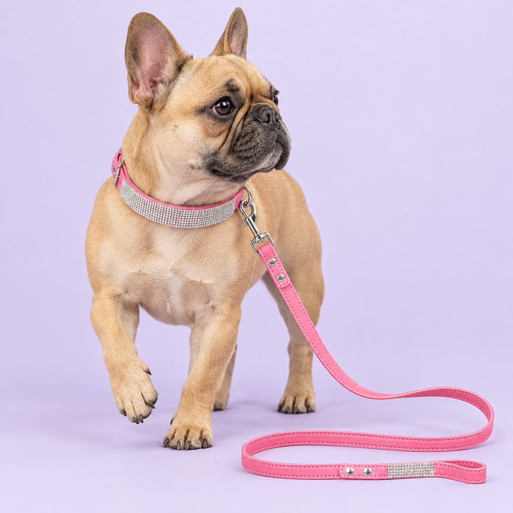 French Bulldog stepping forward with the pink collar and leash