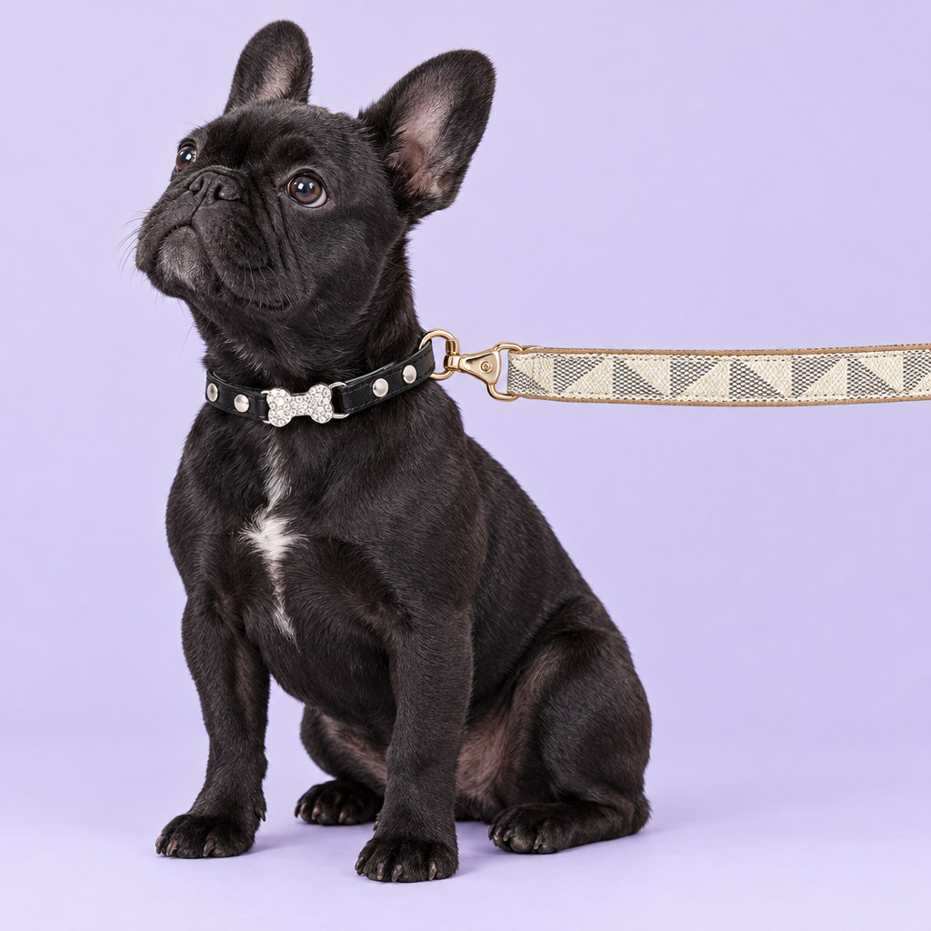 French bulldog test with black bone collar and patterned leash