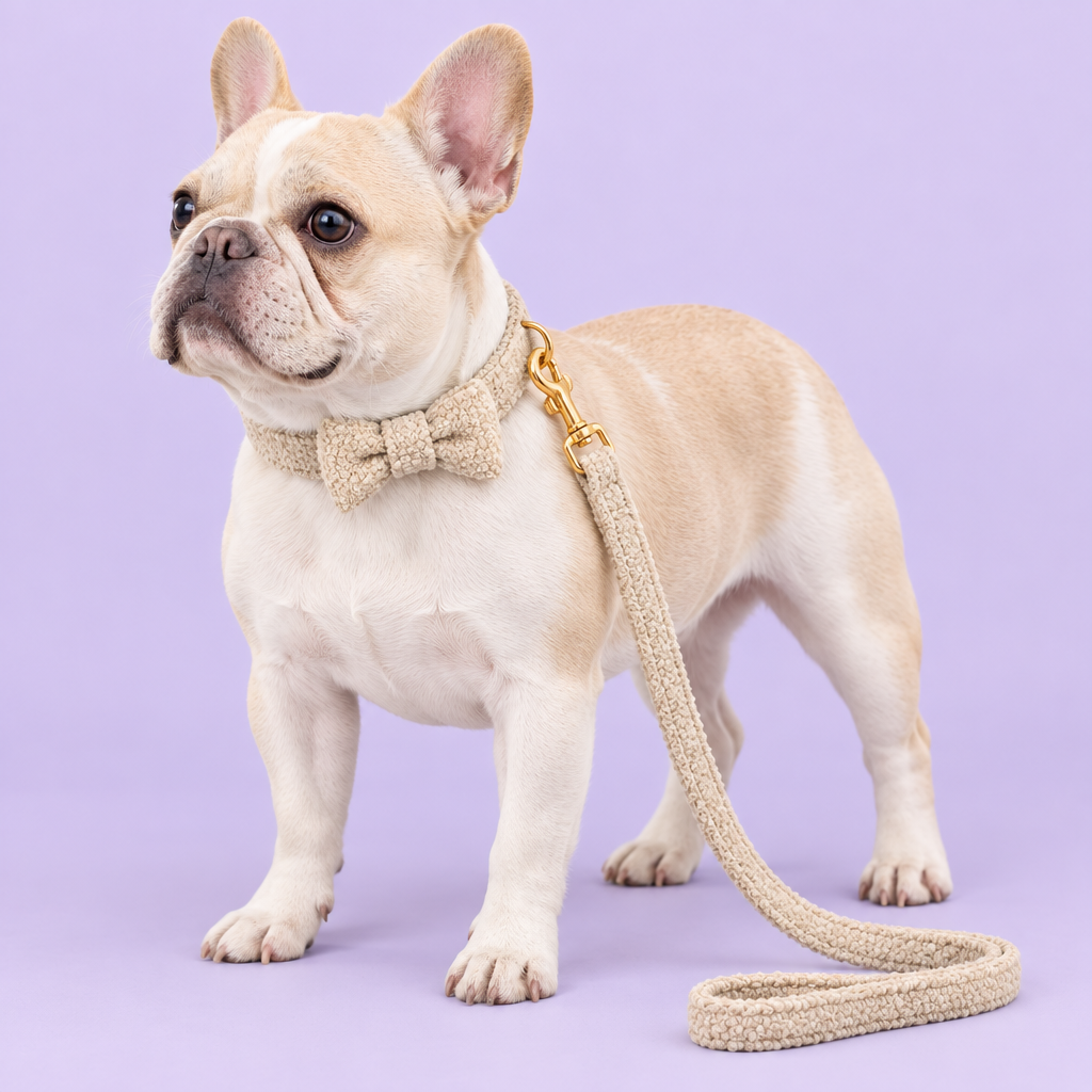French bulldog wearing beige teddy fleece bow set