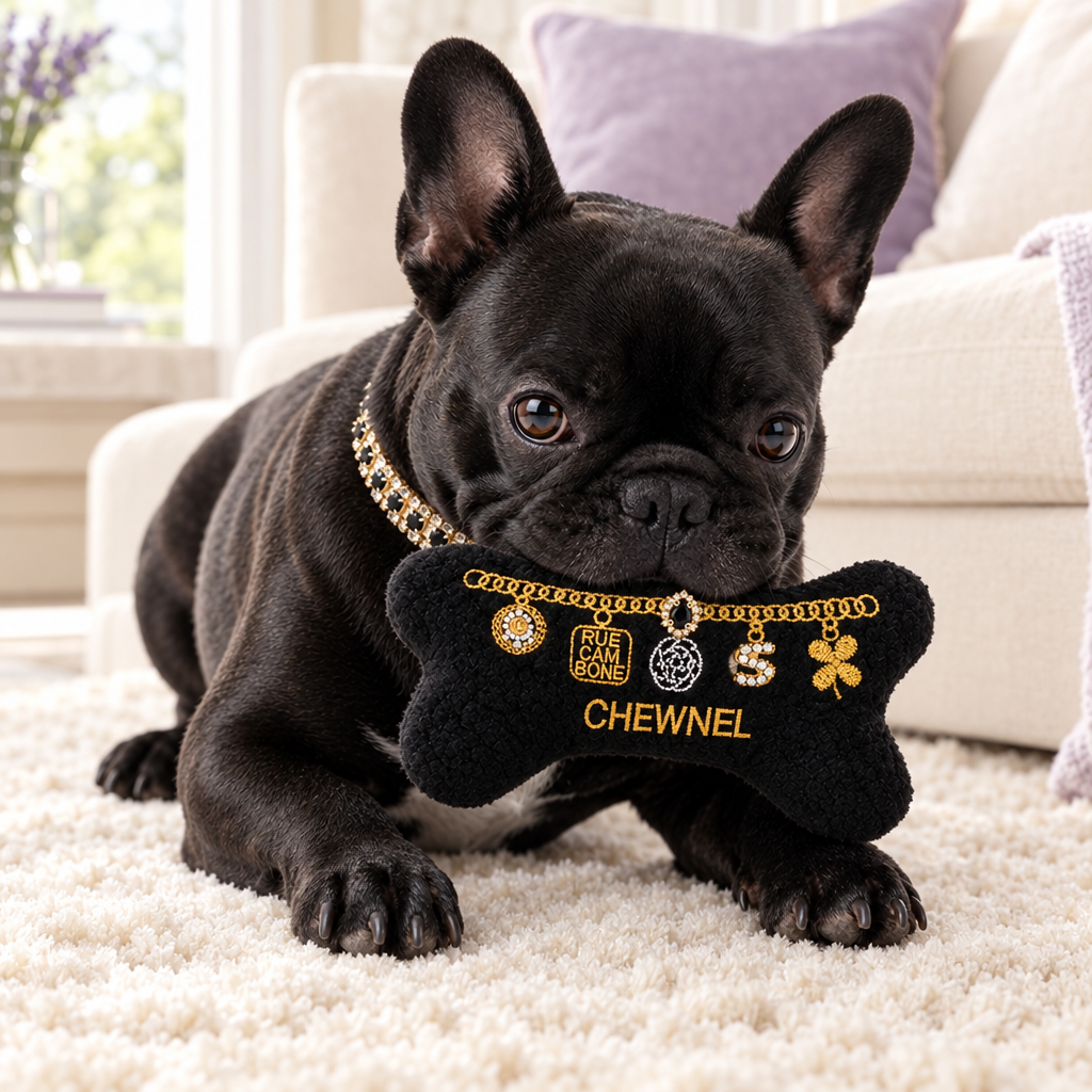 French bulldog wearing the black-and-gold collar and holding its plush bone in a lifestyle setting