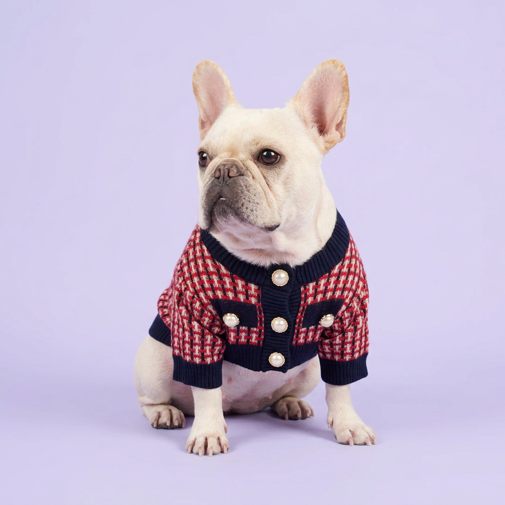 French bulldog wearing the red checked sweater