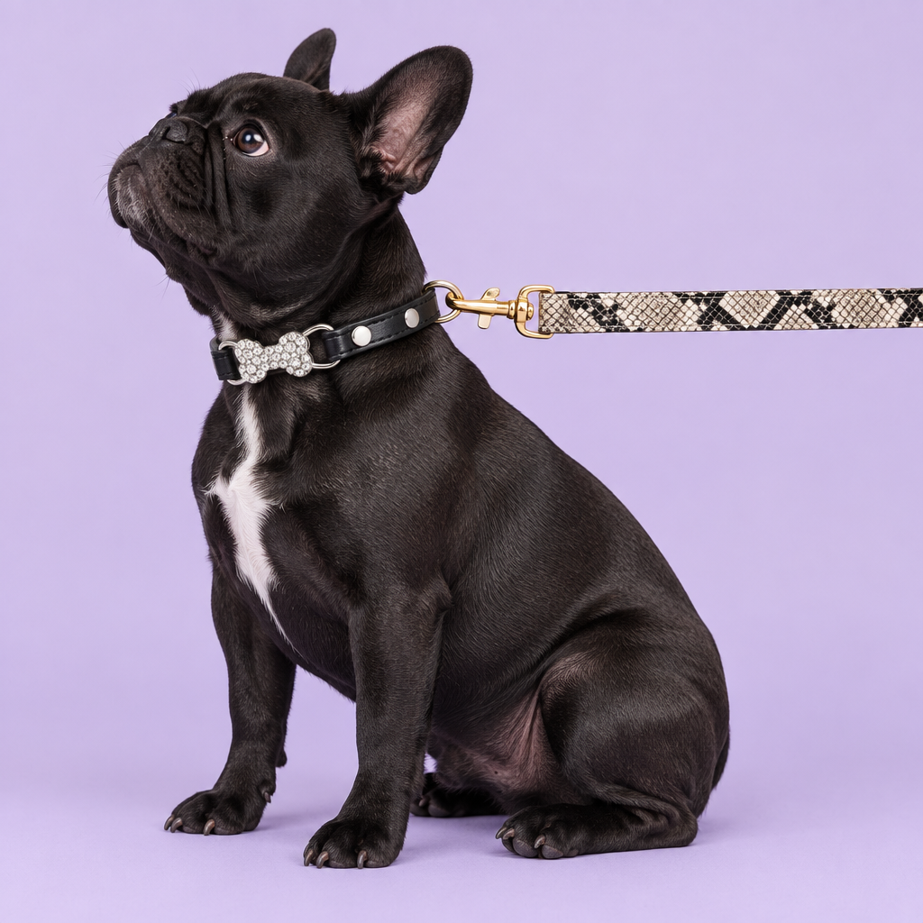 French bulldog with black bone collar and beige snakeskin leash