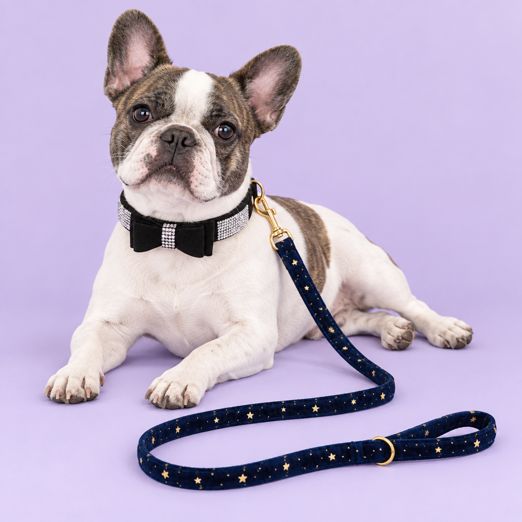 French bulldog with black bow collar and navy star leash