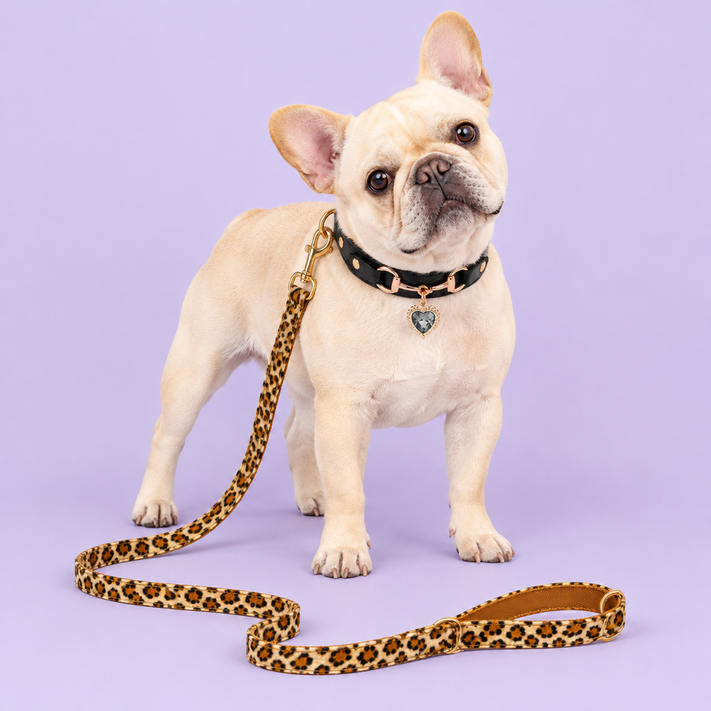 French bulldog with black heart collar and leopard leash