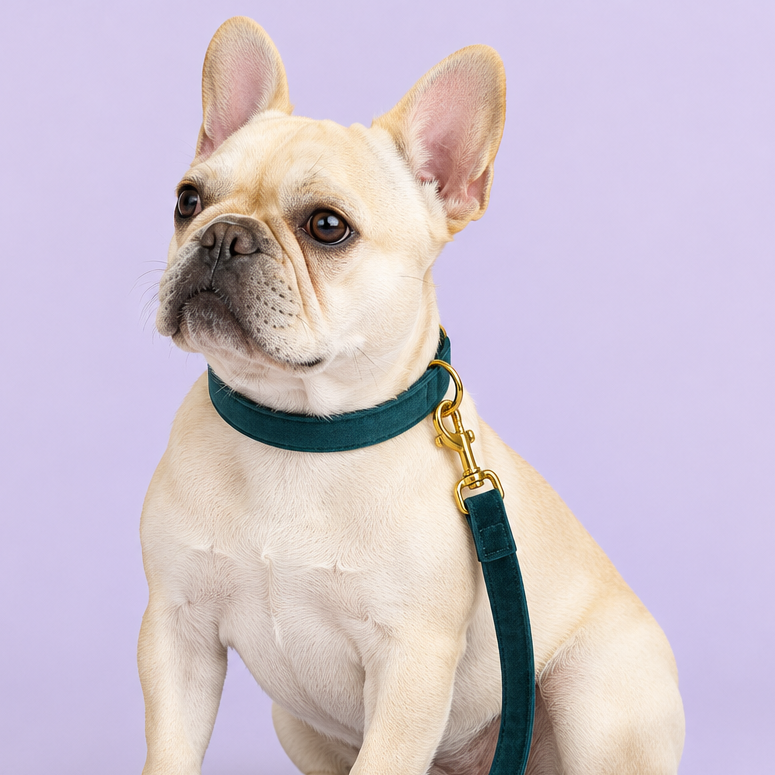 French Bulldog with plain teal velvet collar and leash