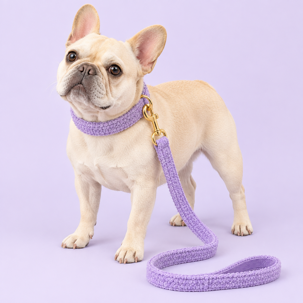 French Bulldog with purple teddy-fleece collar and leash