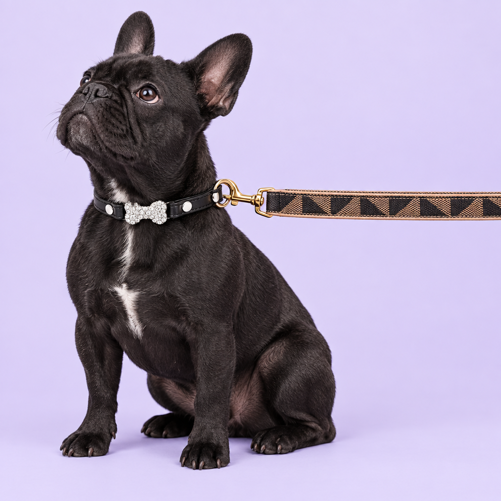 French bulldog with revised dark triangle-pattern leash