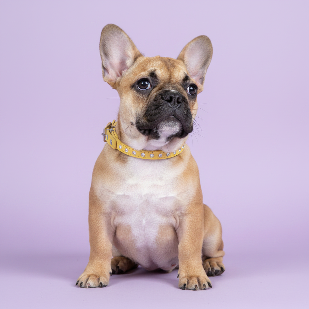 Fawn French Bulldog wearing a yellow rhinestone crystal leather dog collar, full body studio portrait on lavender background